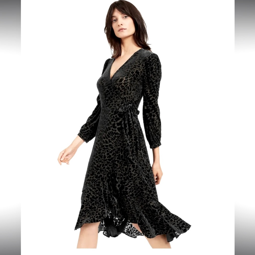 Black Size 2 Calvin Klein Burnout Velvet Leopard Wrap Dress
